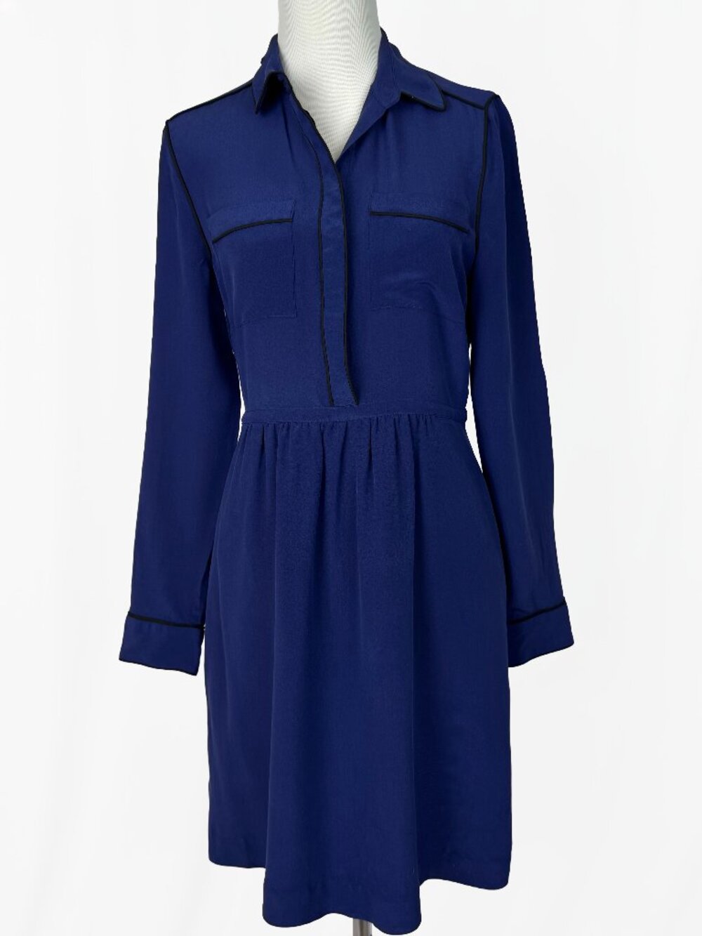 Madewell Royal Blue Silk Cinema Shirt Dress Size 4 Contrasting Black Piping